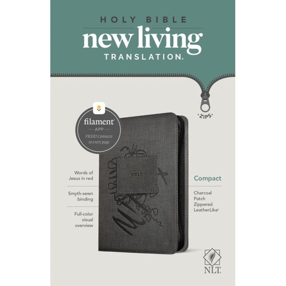 NLT Compact Zipper Bible, Filament Enabled (Leatherlike, Charcoal Patch, Red Let